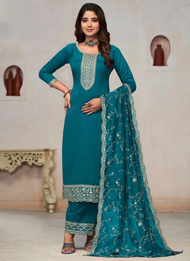 Pure Vichitra Sea Blue Traditional Wear Embroidery Work Straight Suit